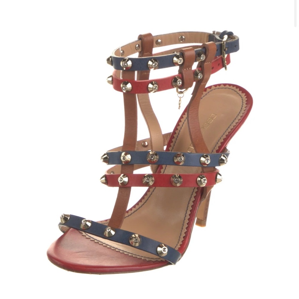 DSQUARED2 Vintage Red Blue T Strap Studded Crystal Leather Gladiator Sandals 37